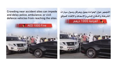 غرامة 1000 درهم للتجمهر بمواقع الحوادث وعرقلة سيارات الشرطة والدفاع المدني