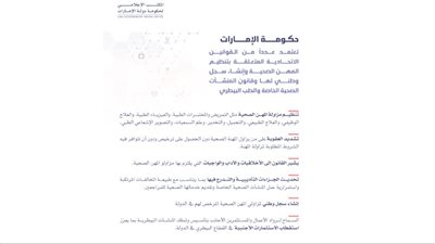 حكومة الإمارات تعتمد عدداً من القوانين الاتحادية المتعلقة بتنظيم المهن الصحية وإنشاء سجل وطني لها وقانون المنشآت الصحية الخاصة والطب البيطري